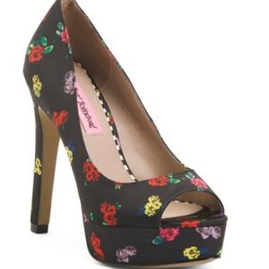 Betsey Johnson Black Floral Peep-Toe Platform Pumps